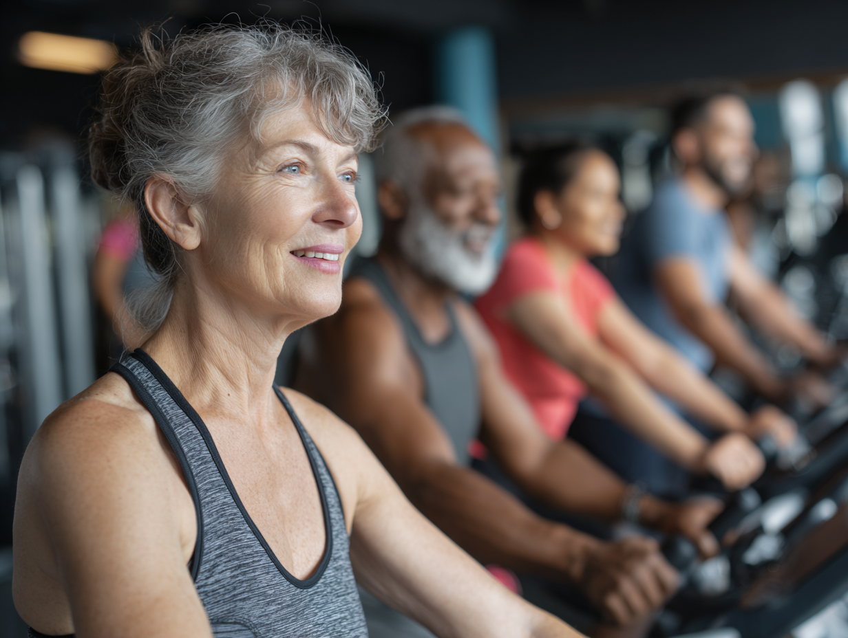 Група людей різного віку займається фітнесом в парку